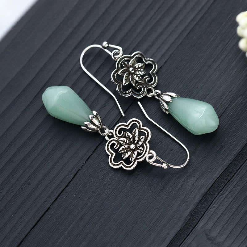 Pendientes colgantes de prosperidad con Buddha Stones, flor de magnolia, jade, gota de agua