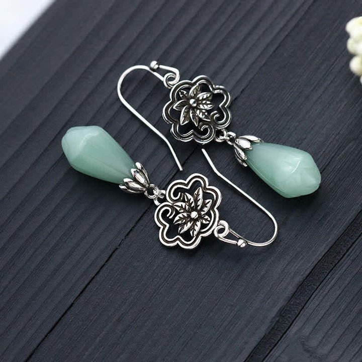 Pendientes colgantes de prosperidad con Buddha Stones, flor de magnolia, jade, gota de agua
