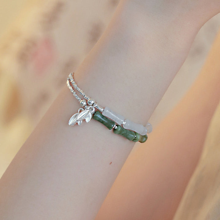 Pulsera de la suerte con diseño de bambú y peridoto de plata de ley 925 con Buddha Stones