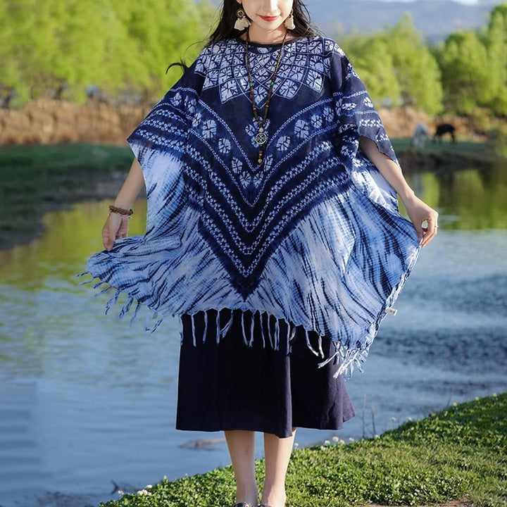 Buddha Stones azul rayas floral índigo teñido chal borlas acogedor jersey 90*95 cm