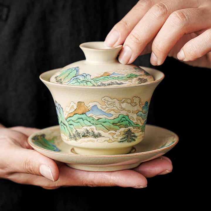 Buddha Stones, un panorama de ríos y montañas, flores, taza de té de cerámica Gaiwan Sancai, taza de té de Kung Fu y platillo con tapa