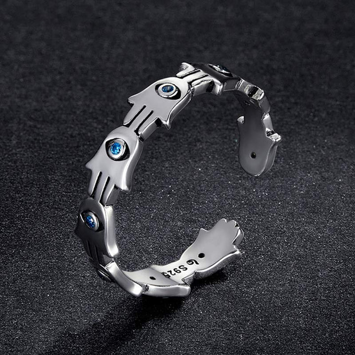 Anillo ajustable con circonita y símbolo de Hamsa de plata de ley 925 con Buddha Stones