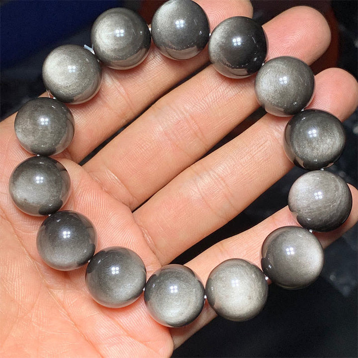Pulsera de protección calmante de obsidiana brillante de plata natural con Buddha Stones