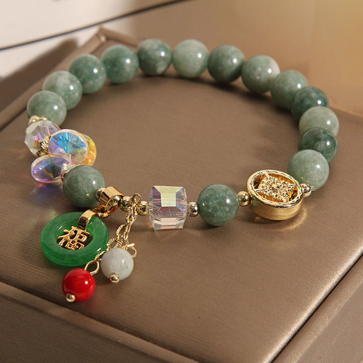 Pulsera curativa con dije de personaje Fu de jade, cuarzo fresa y piedras de Buddha Stones