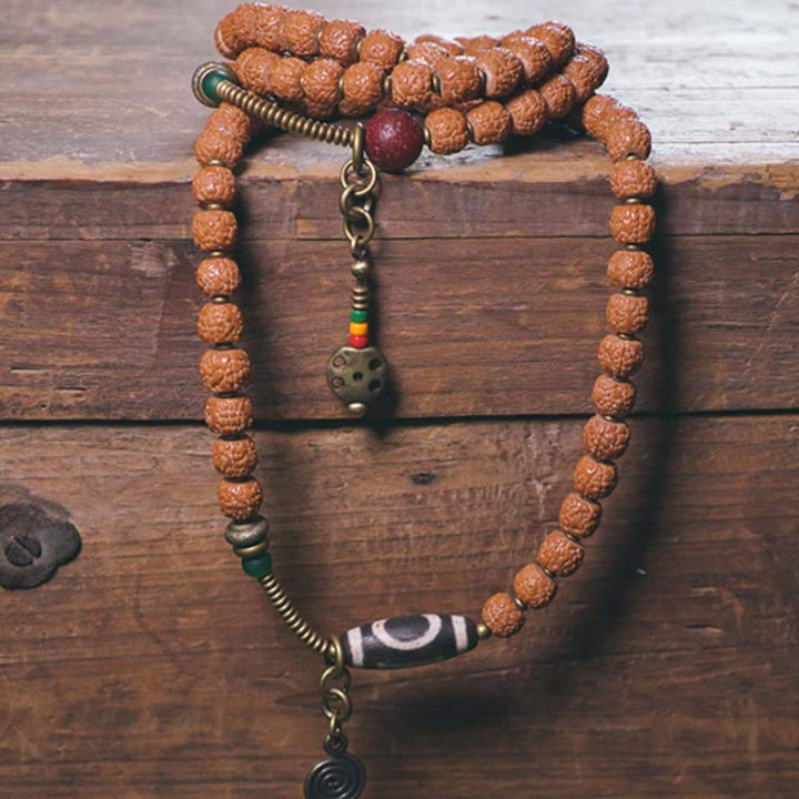 108 cuentas de Mala Rudraksha, semilla Bodhi, cuentas Dzi, pulsera de borlas de suerte auspiciosa