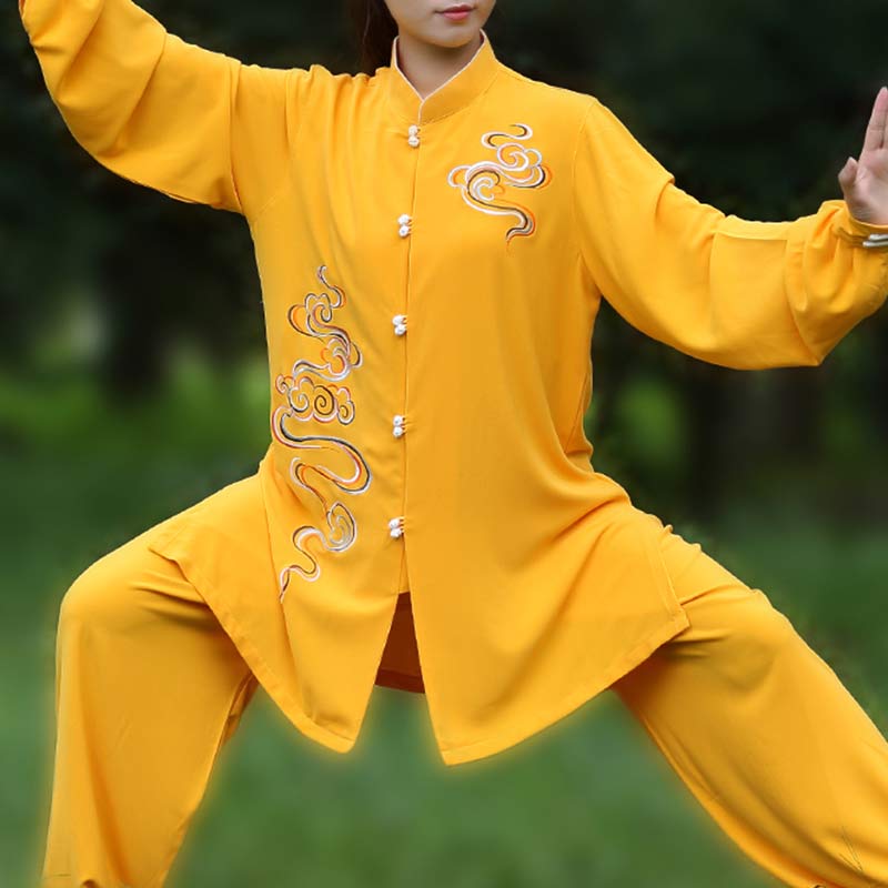 Conjunto de ropa unisex para práctica de meditación, tai chi, qigong, bordada, con nubes auspiciosas y Buddha Stones