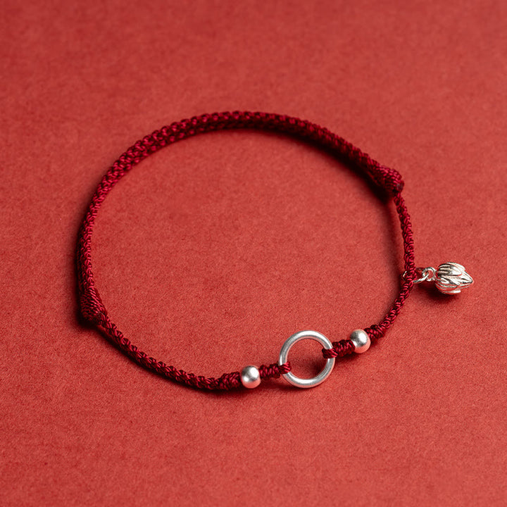 Pulsera de hilo rojo con hebilla de loto, paz, alegría, suerte, fortuna, plata de ley 925 , Buddha Stones