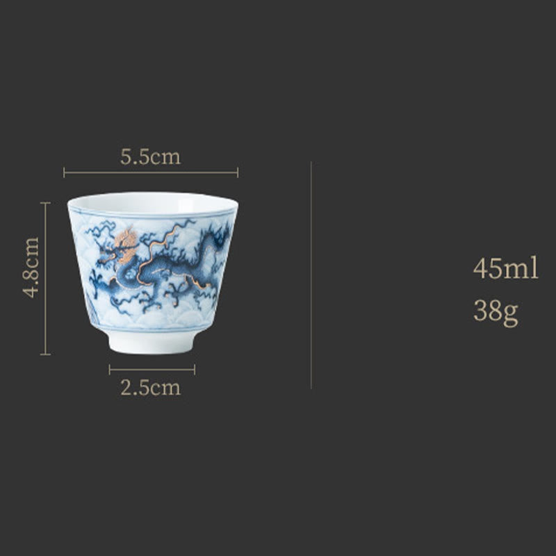 Tazas de té de cerámica con diseño de dragón blanco y azul pequeño de Buddha Stones, tazas de té de Kung Fu de 45ml