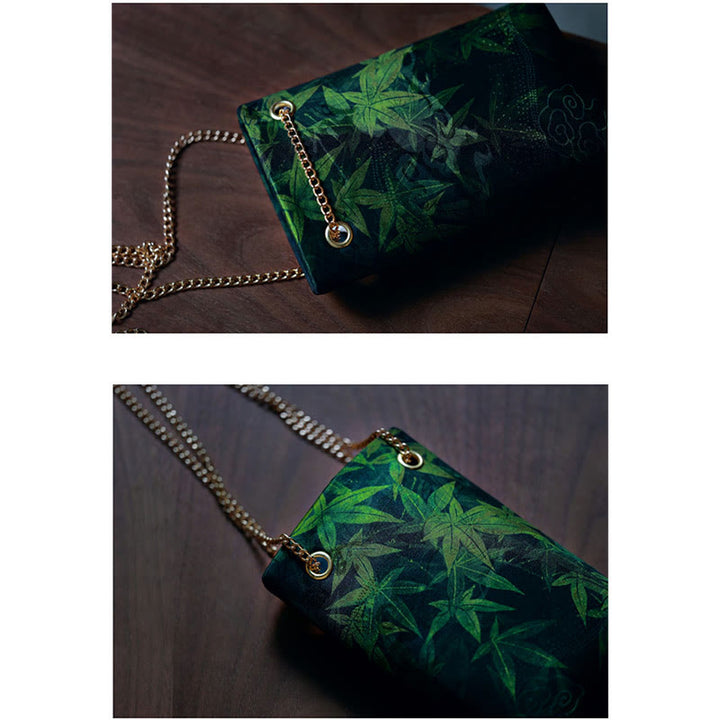 Bolso bandolera con cadena de metal caqui y hoja de arce pequeña con Buddha Stones , bolso de hombro, bolso para teléfono móvil
