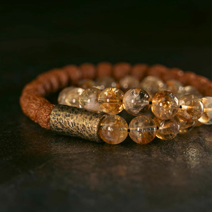 Buddha Stones, cristal de citrino Natural, Rudraksha, semilla de Bodhi, cuentas de latón, pulsera de doble envoltura para prosperidad
