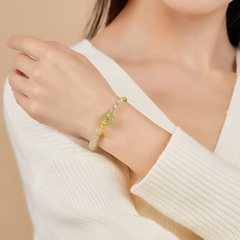 Pulsera de plata de ley 925 con hebilla de paz y jade hetiano con cuentas de suerte y felicidad