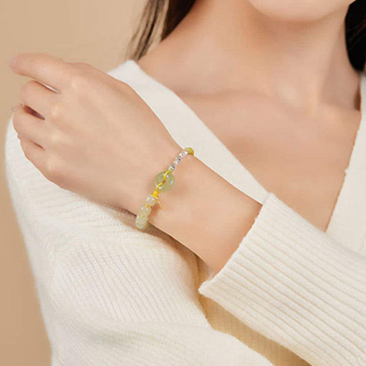 Pulsera de plata de ley 925 con hebilla de paz y jade hetiano con cuentas de suerte y felicidad