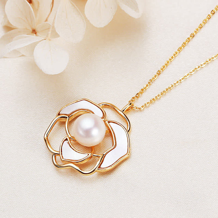 Pendientes con colgante de collar de felicidad con diseño de camelia y perlas de plata de ley 925 con Buddha Stones