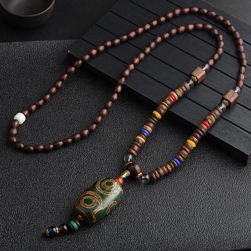 Collar de meditación de madera de wengué con cuentas Dzi de turquesa y Buddha Stones