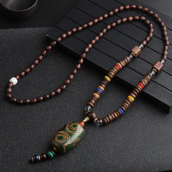 Collar de meditación de madera de wengué con cuentas Dzi de turquesa y Buddha Stones