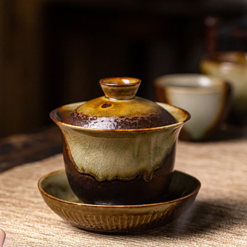 Buddha Stones Vintage marrón horno cambiar diseño porcelana cerámica Gaiwan Sancai taza de té Kung Fu y platillo con tapa