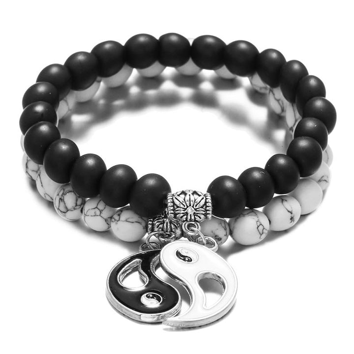 Buddha Stones 2 uds. Pulsera de pareja Yin Yang con cuentas de turquesa blanca y ónix negro Natural