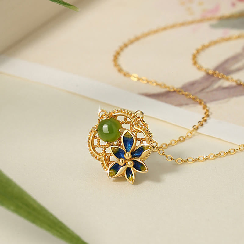Juego de pendientes y pulsera con colgante de plata de ley 925 con Buddha Stones, flor de trébol de cuatro hojas, perla de Jade cian hetiano, curación