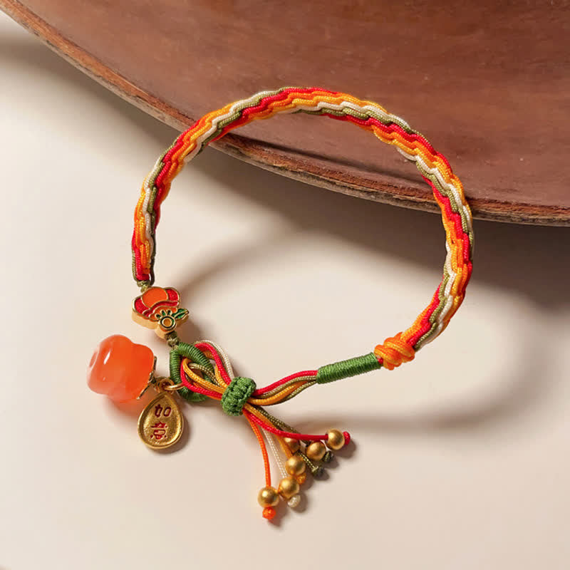 Pulsera de cuerda trenzada con nudo de reencarnación, ágata roja caqui, Buddha Stones