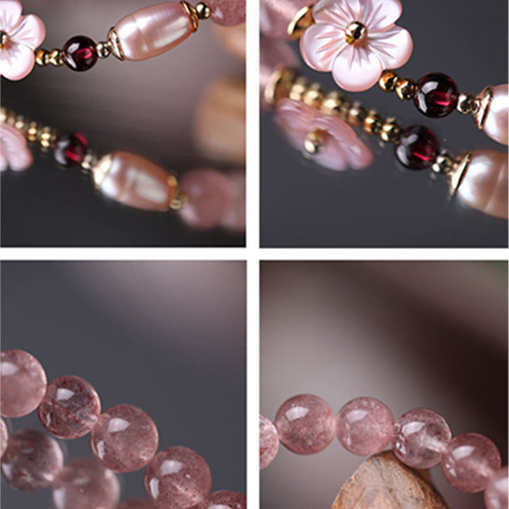 Pulsera de amor con Buddha Stones, cuarzo fresa, flor de melocotón