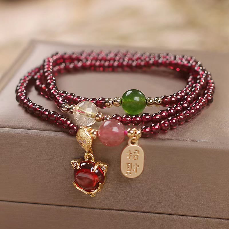 Pulsera de triple envoltura con Buddha Stones, granate Natural, fresa, cristal de cuarzo, zorro, pez Koi, hebilla de la paz, protección de la fortuna