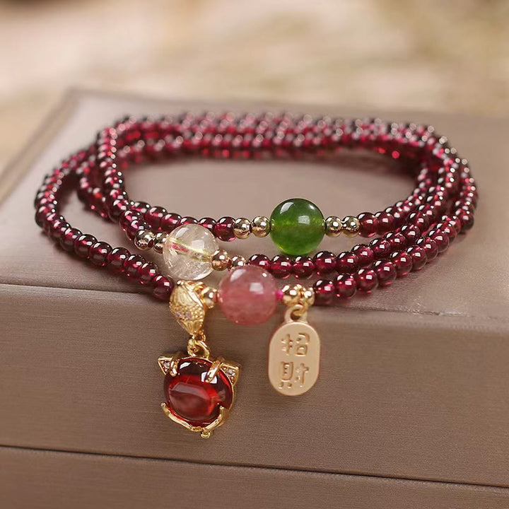Pulsera de triple envoltura con Buddha Stones, granate Natural, fresa, cristal de cuarzo, zorro, pez Koi, hebilla de la paz, protección de la fortuna