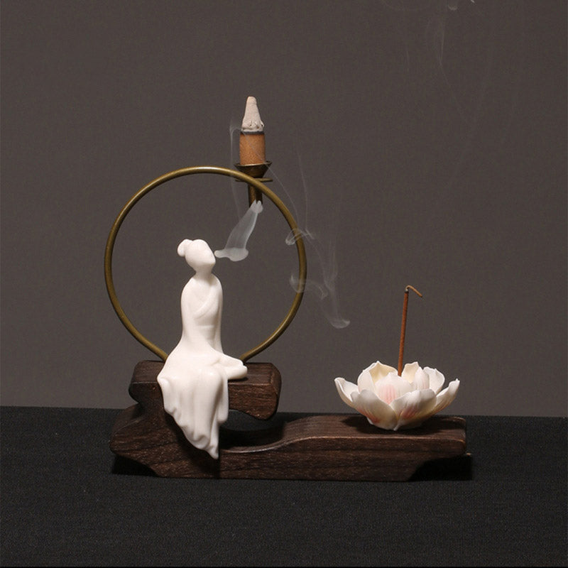 Quemador de incienso de meditación curativa de loto de cerámica con Buddha Stones , decoración