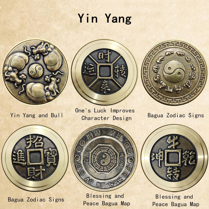 Buddha Stones cuatro bestias Feng Shui Yin Yang Bagua moneda de cobre armonía decoración giratoria
