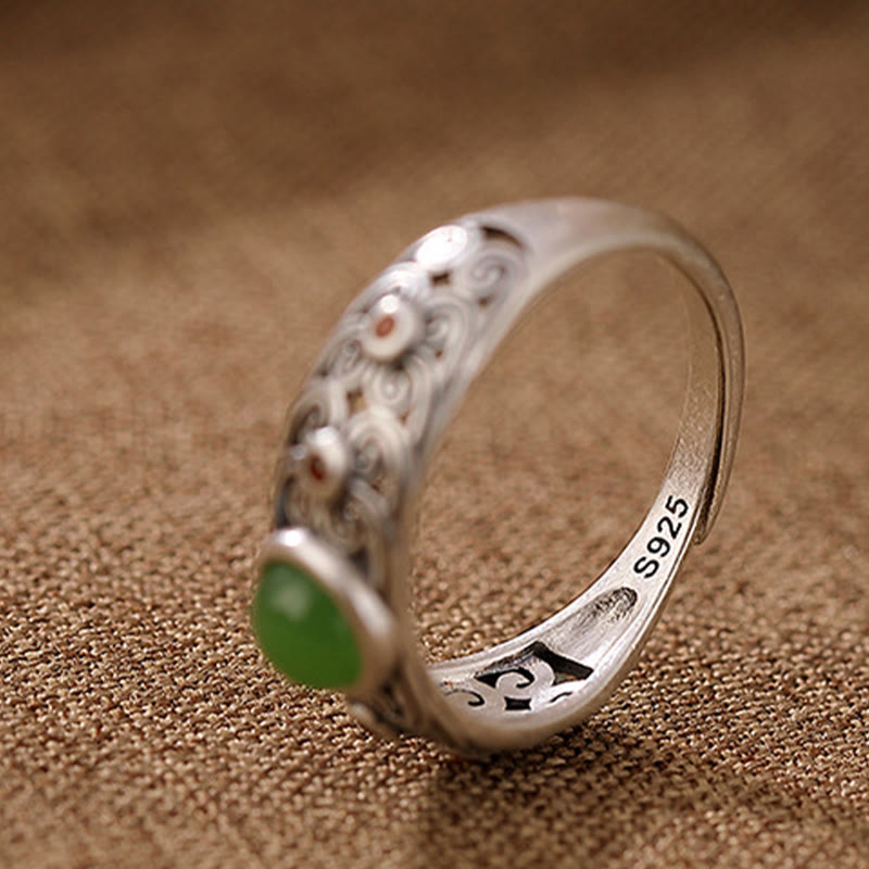 Anillo ajustable de armonía de jade cian hetiano de plata de ley 925 con Buddha Stones
