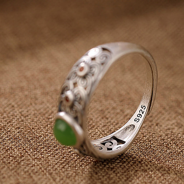 Anillo ajustable de armonía de jade cian hetiano de plata de ley 925 con Buddha Stones
