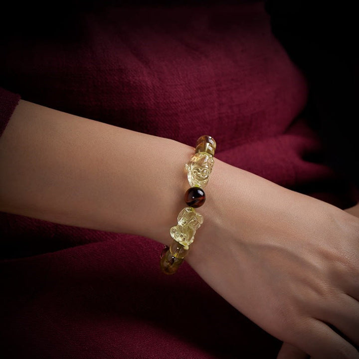 Pulsera de protección de prosperidad de ojo de tigre doble PiXiu de citrino natural de Buddha Stones