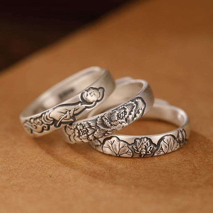 Anillo de iluminación de flor de peonía de loto de plata de ley 999