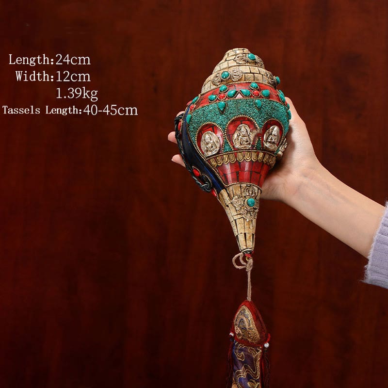 Tibetano hecho a mano Shankha Om Mani Padme Hum Buda Avalokitesvara turquesa Concha decoración positiva