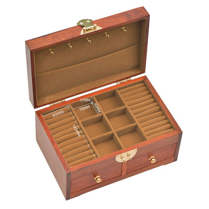 Caja de almacenamiento de joyería de palisandro hecha a mano antigua, caja organizadora de regalo de madera con flores de doble capa grande con cerradura