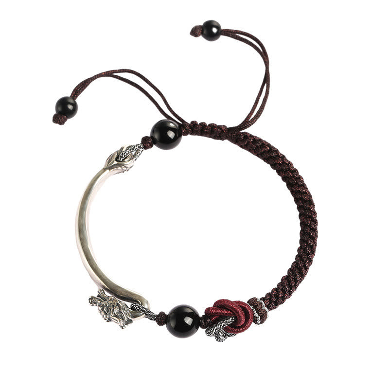 Pulsera trenzada hecha a mano con diseño de dragón auspicioso de plata de ley 925 con Buddha Stones