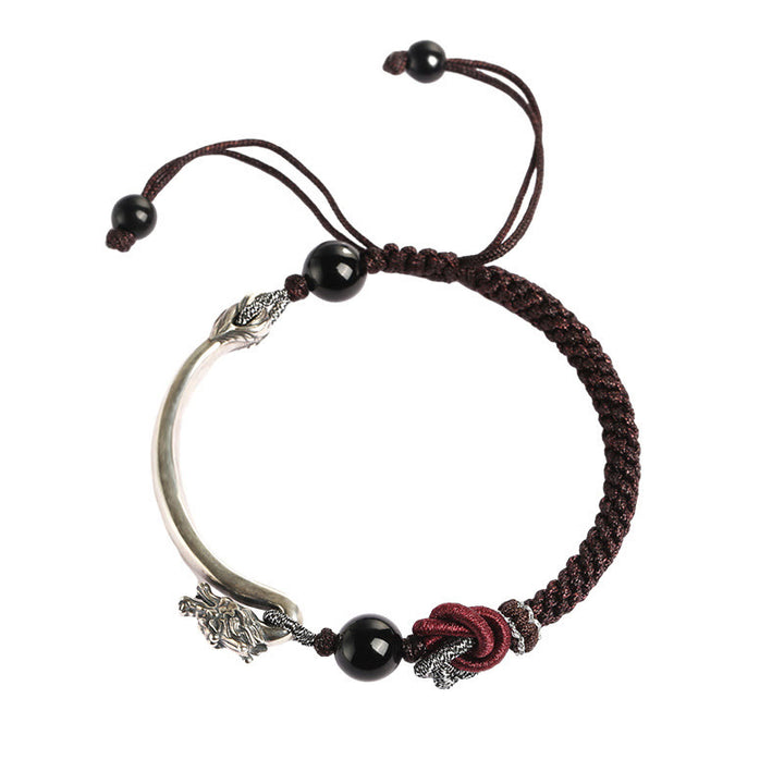 Pulsera trenzada hecha a mano con diseño de dragón auspicioso de plata de ley 925 con Buddha Stones
