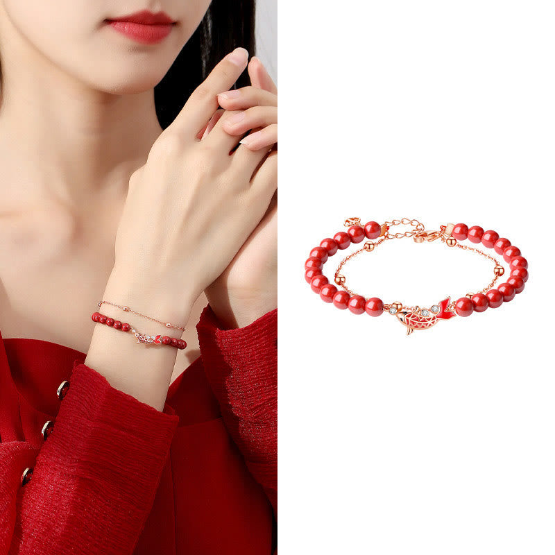 Pulsera de cadena de doble capa con Buddha Stones, Plata de Ley 925, pez Koi de la suerte, circón cinabrio, prosperidad