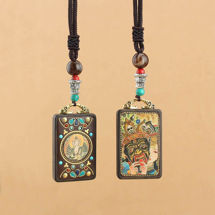 Colgante de collar de paz de ébano Thangka, dios de la riqueza del Tíbet, Buddha Stones