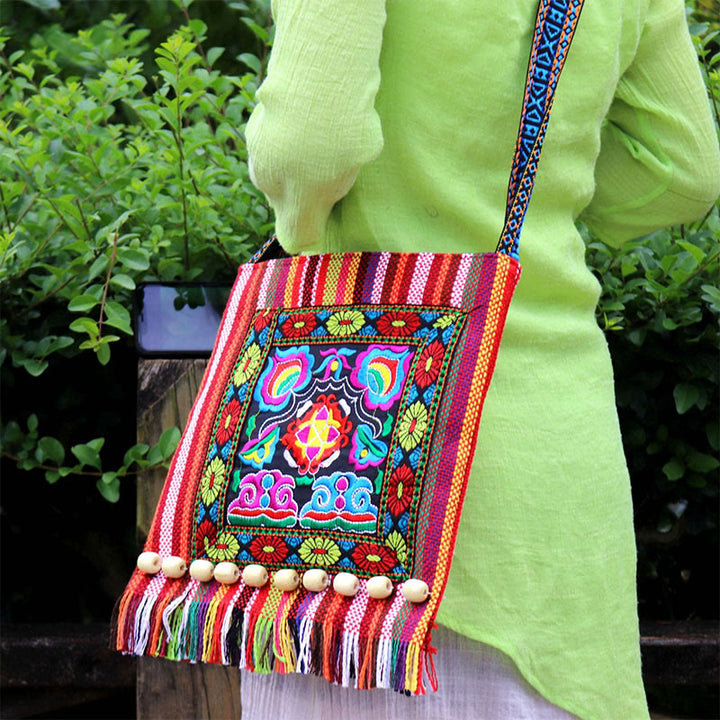 Bolso bandolera de lona de camelia bordado hecho a mano tibetano