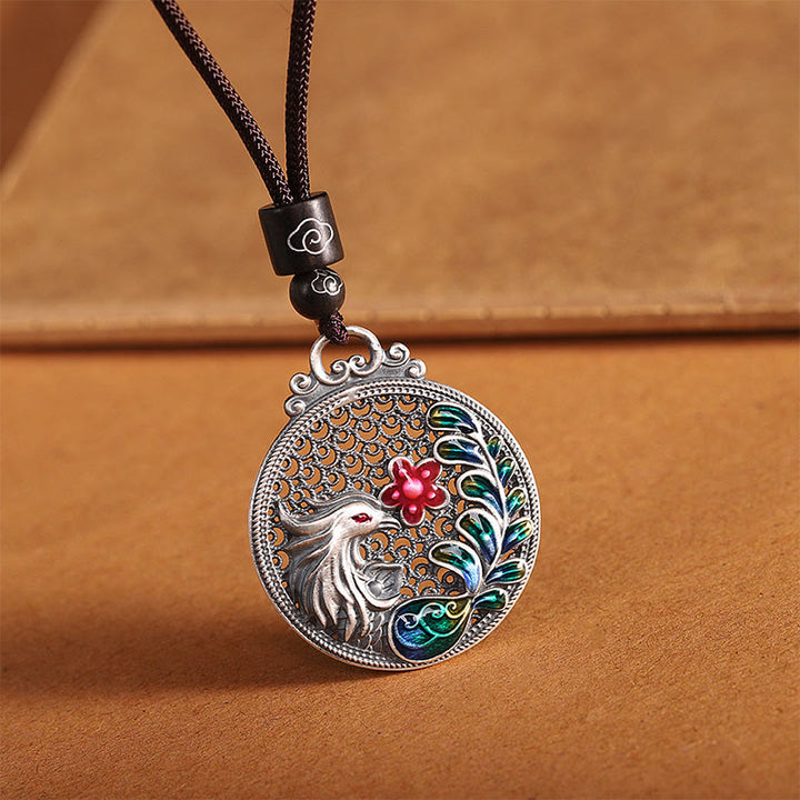 Collar con colgante de plata de ley 990 con Buddha Stones , diseño de fénix y protección de la suerte
