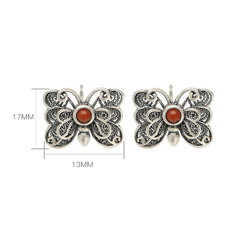 Juego de pendientes de anillo de autoaceptación de mariposa de ágata roja de plata de ley 925 con Buddha Stones