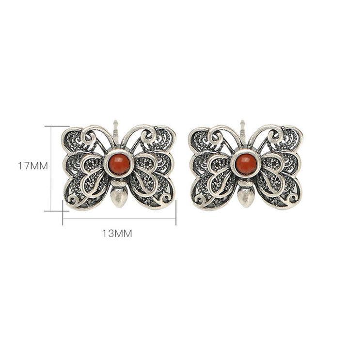 Juego de pendientes de anillo de autoaceptación de mariposa de ágata roja de plata de ley 925 con Buddha Stones