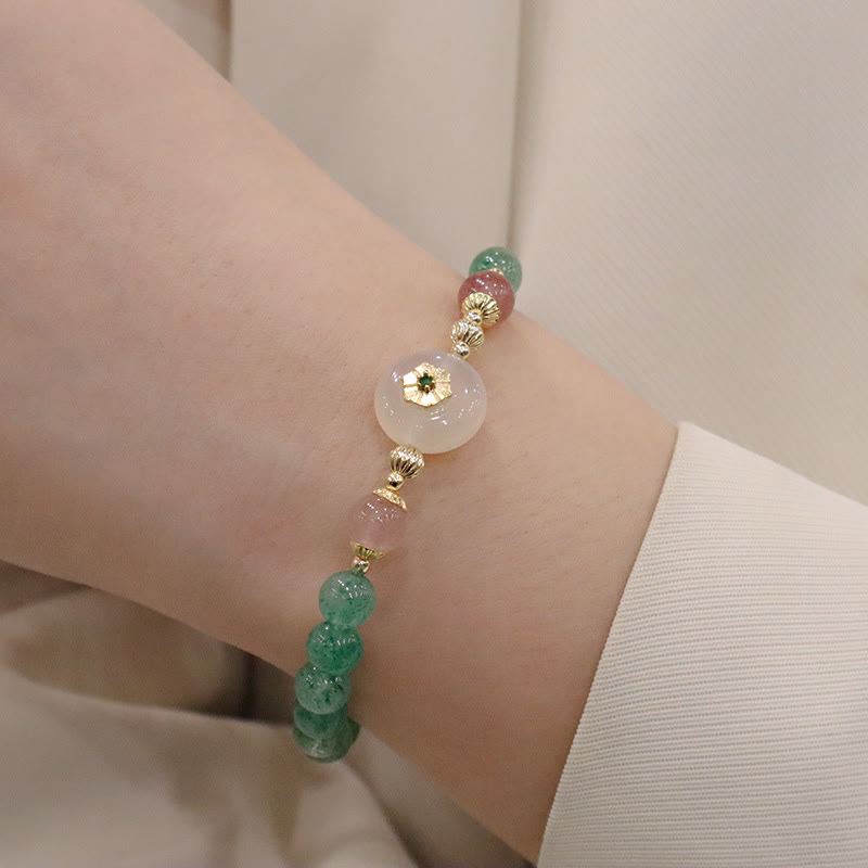 Pulsera de gratitud con flores de calcedonia, cuarzo, fresa, verde natural , Buddha Stones