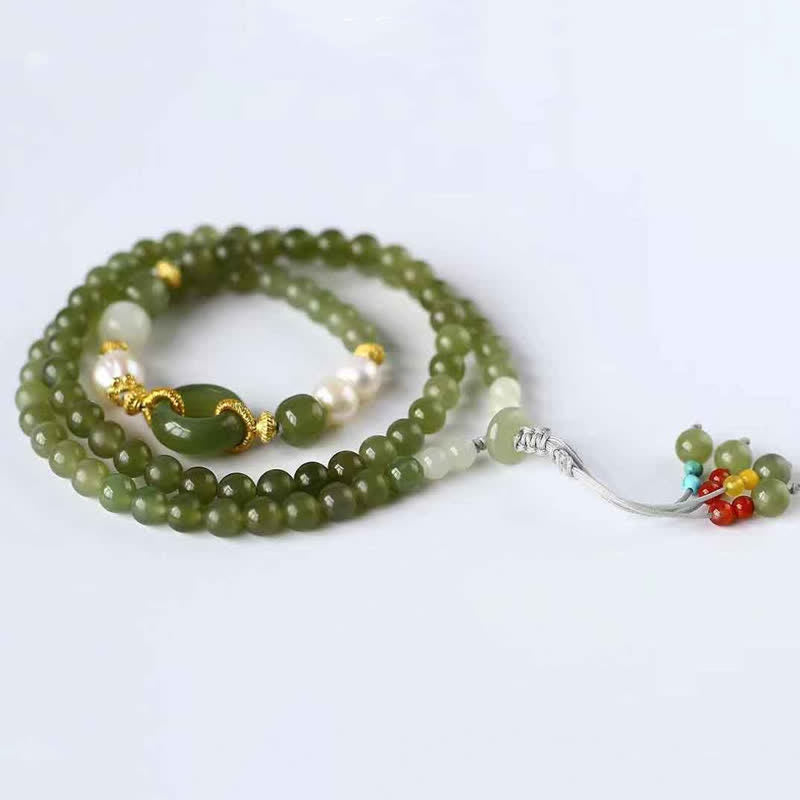 Hetian Jade Pearl Paz Hebilla Suerte Riqueza Pulsera de Hilo