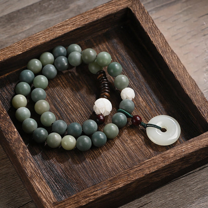 Pulsera de doble envoltura con hebilla de paz y jade de loto, semilla de Bodhi cian