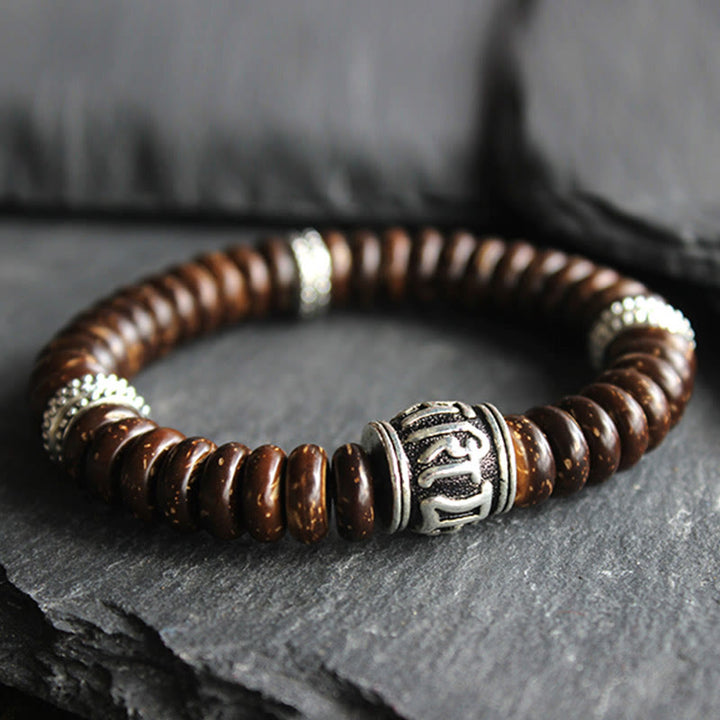 Pulsera positiva Om Mani Padme Hum de concha de coco tibetano natural con Buddha Stones