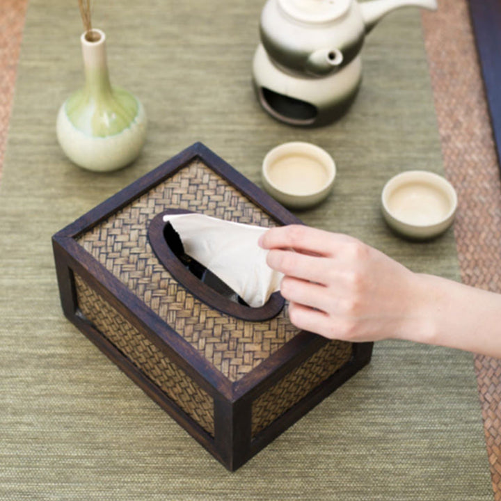 Caja de pañuelos de madera tejida de bambú hecha a mano, soporte de madera para pañuelos, cajas de toallitas, decoración
