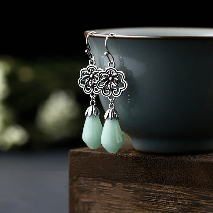 Pendientes colgantes de prosperidad con Buddha Stones, flor de magnolia, jade, gota de agua