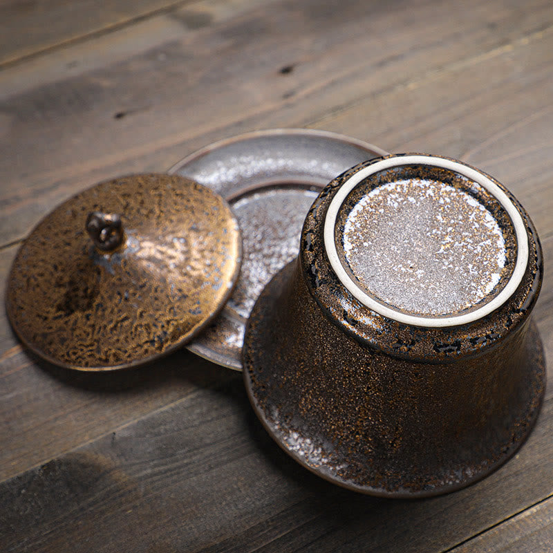 Taza de té y platillo de cerámica con esmalte de óxido Retro, Buddha Stones , Gaiwan Sancai, Kung Fu, con tapa