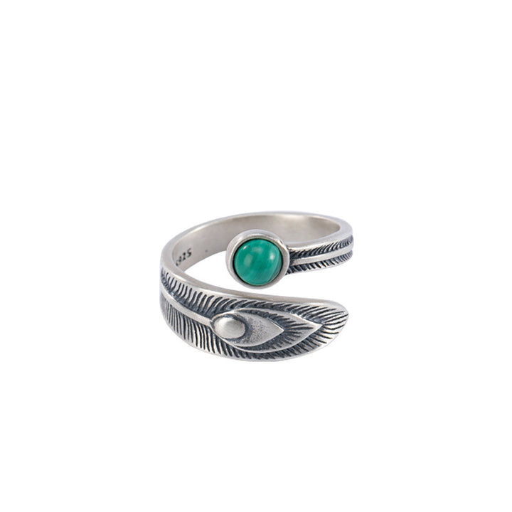 Anillo de protección de plumas de cuentas de malaquita de plata de ley 925